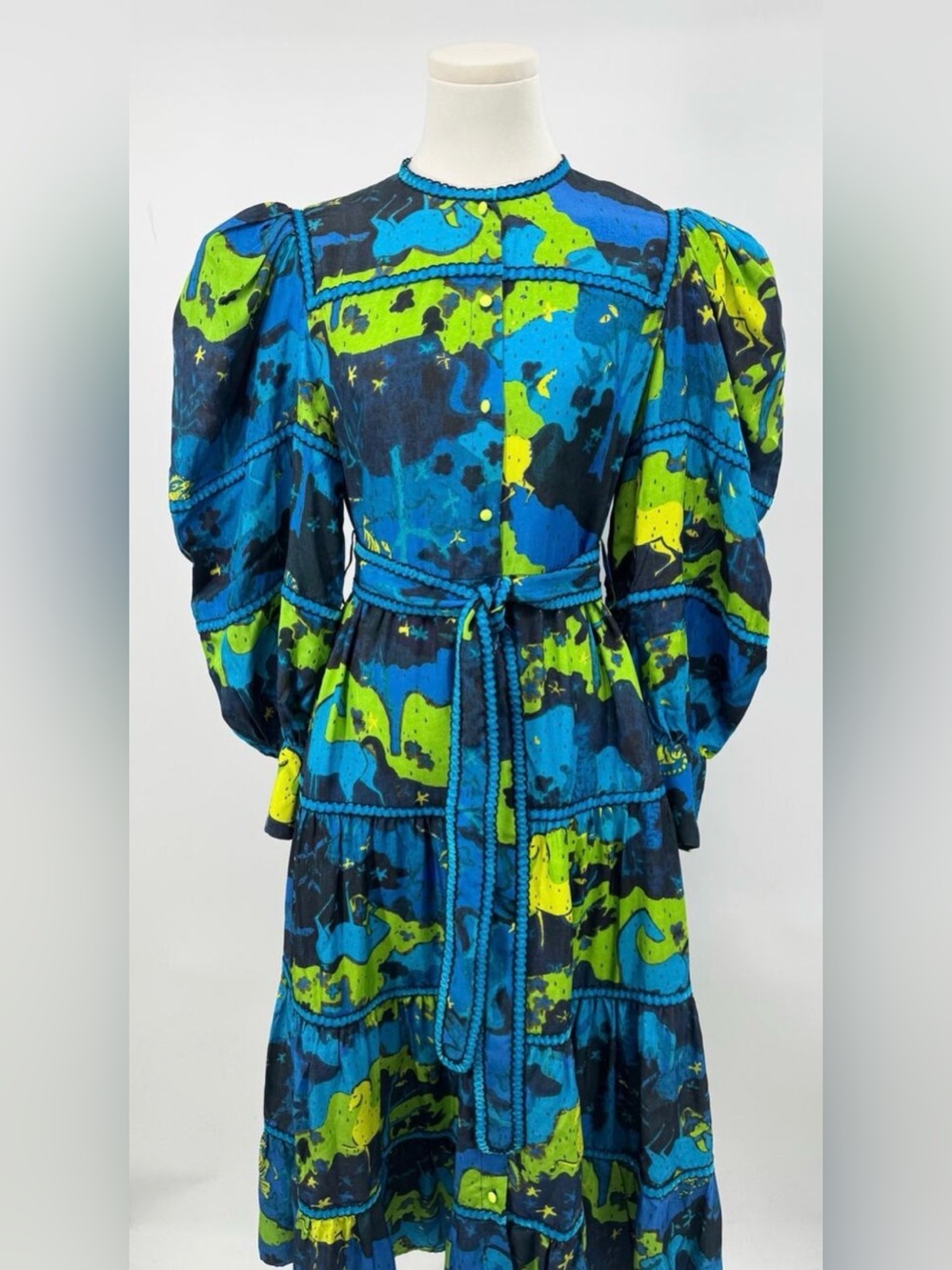 Celia B Hasu Dress Blue Green Tiger Horse Stars Puff Sleeve Shirt Dress Midi S